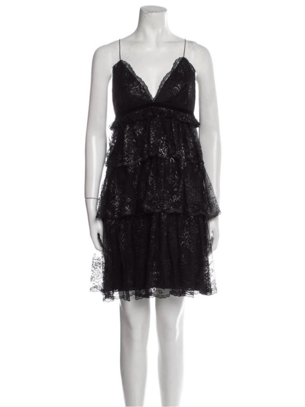 Marchesa Womens Size 6 Black Lace V-Neck Strap Ruffle Mini Dress